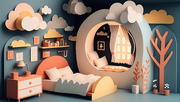 Dreamy kids bedroom in paper cut style Generative AI