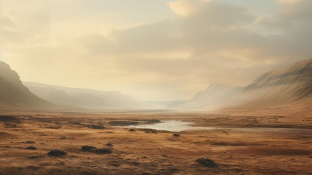 dreamy landscape mountains river and desert in mikko lagerstedt style