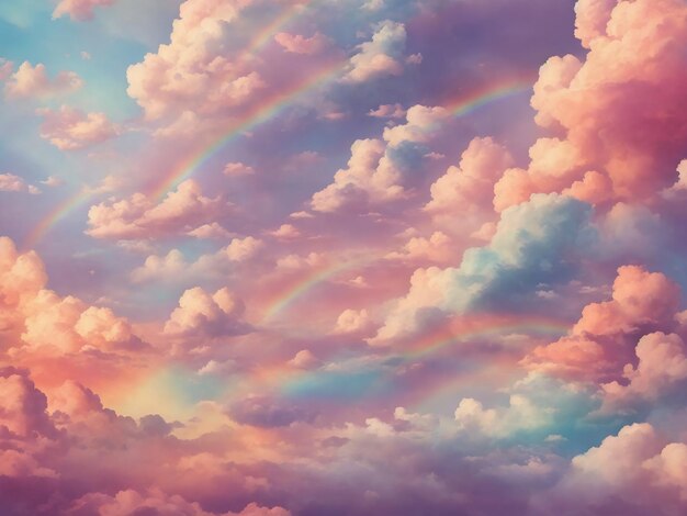 A dreamy landscape of pastelcolored clouds rainbows and small hearts