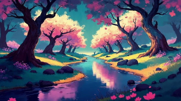 a dreamy landscape with cherry blossoms and a river