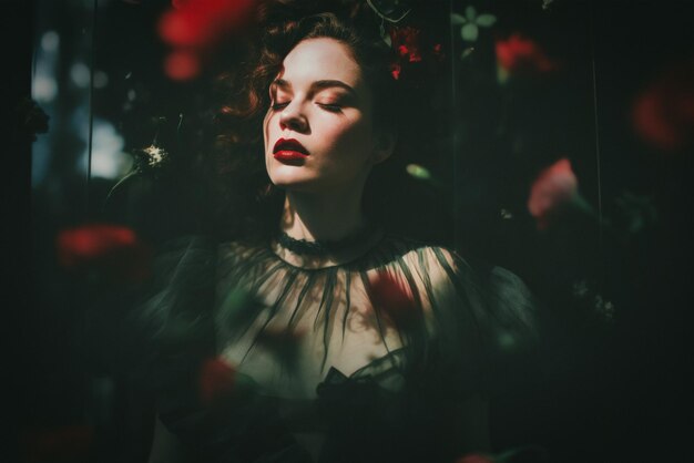 Photo a dreamy light fantasy portrait of a woman with falling flowers and petals generative ai