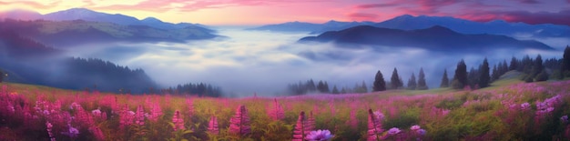 AI가 생성한 3D 핑크 꽃 농장과 맑은 산봉우리의 몽환적인 자연