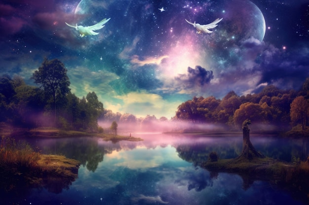 Dreamy nightscapes with mystical celestial beings Generative AI