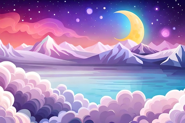 Dreamy pastel watercolor celestial night scene with shining stars in galaxy cartoon background