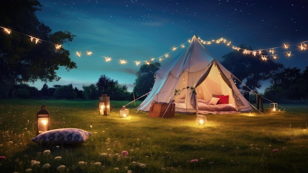 a dreamy photograph of a tent set up nighttime picnic glowing light