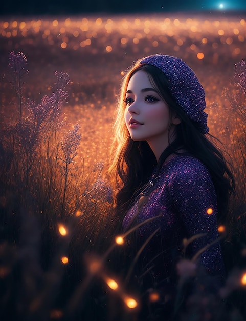 A dreamy portrait of a figure in a field of vibrant twinkling lights