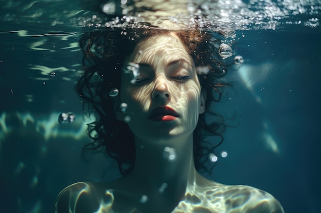 Dreamy Portrait Of Submerged Woman Inside Pool ai generated