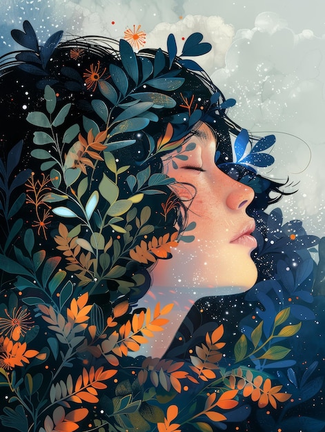 花の要素で描かれた夢のような肖像画