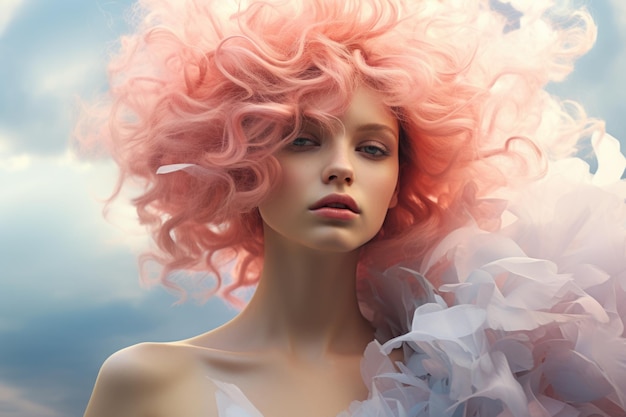 Dreamy portrait of woman with pink cloud like hair soft pastel colors