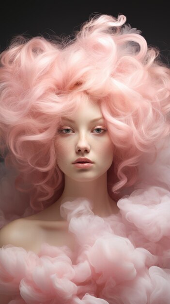 Dreamy portrait of woman with pink cloud like hair soft pastel colors