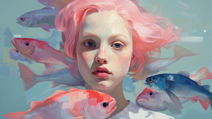Photo dreamy portraits a digital painting of a girl with pink hair surrounded by fish