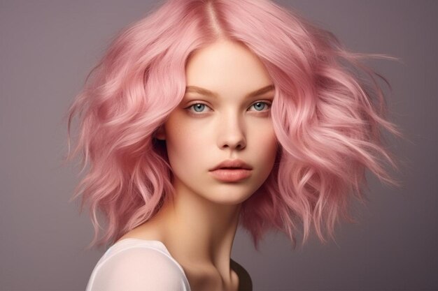 Dreamy pretty young woman with pink hair