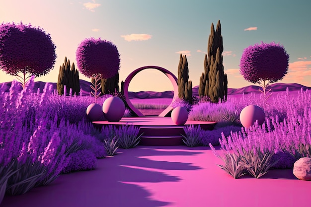 Dreamy purple landscape with trees and bushes generative ai