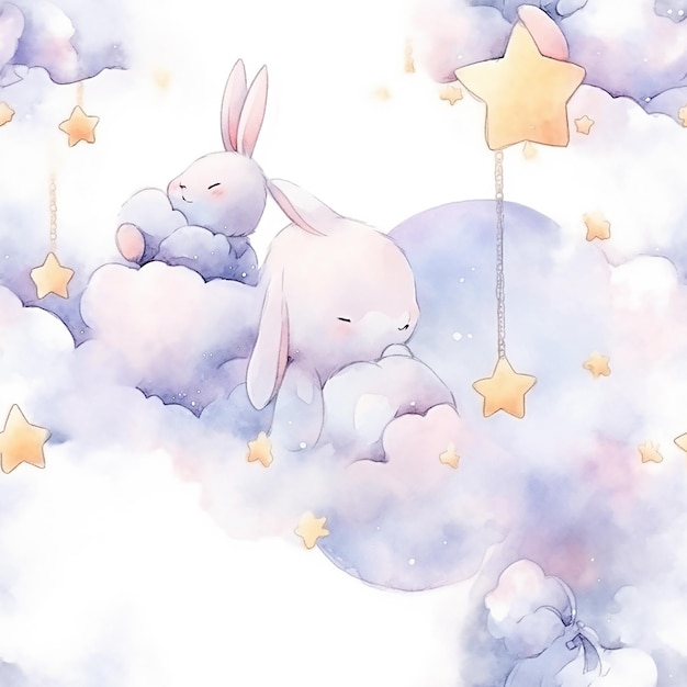 Dreamy Rabbit Baby Sleeping on Moonlight Sky Watercolor