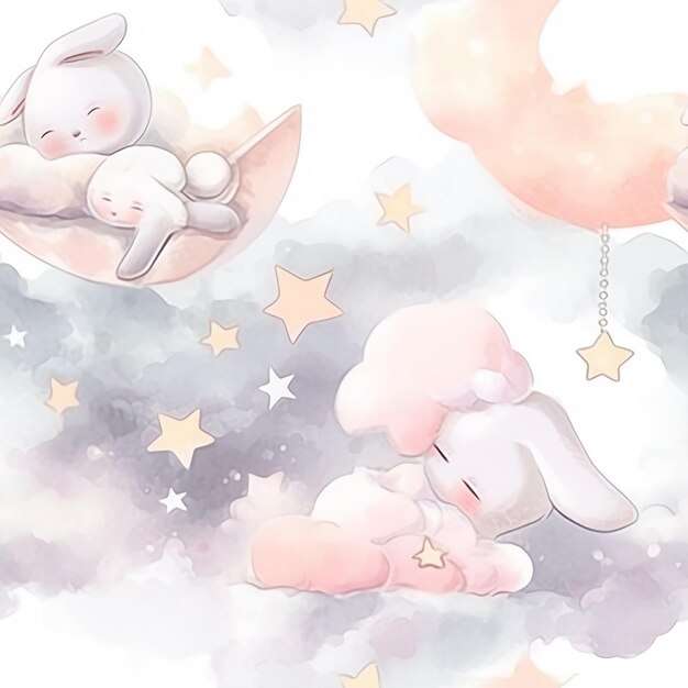 Dreamy Rabbit Baby Sleeping on Moonlight Sky Watercolor