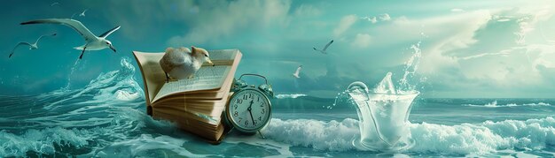 Photo dreamy seascape albatross above algebra book floating and an alarm clock submerged