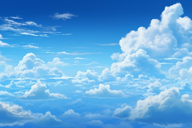 Dreamy sky with fluffy clouds and birds flying generative ai