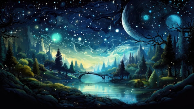 A dreamy starry night with a crescent moon