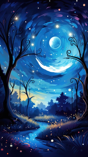 A dreamy starry night with a crescent moon