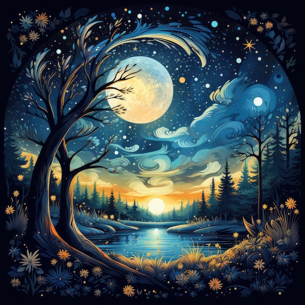 A dreamy starry night with a crescent moon