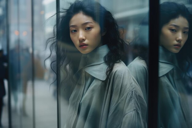 Dreamy street photo cute pretty young woman glass window reflection glare gloomy sadness moment