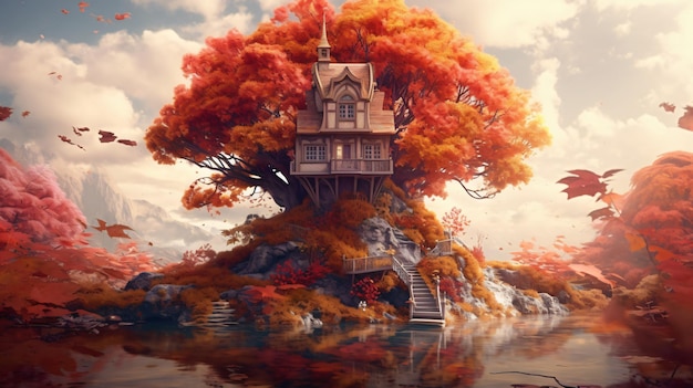 Photo dreamy surreal fantasy fairytale world in autumn