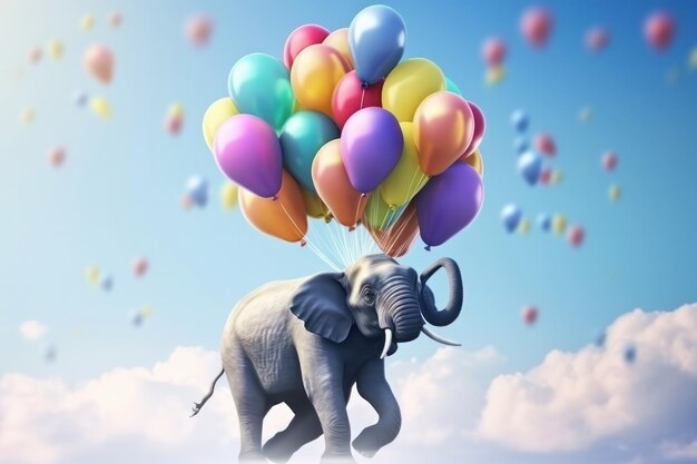 Foto scena onirica e surreale con un elefante e palloncini che galleggiano senza peso nel cielo