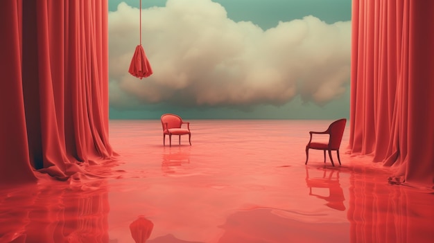 Foto surrealismo sognante tende rosse e verdi in uno scatto minimalista cinematografico