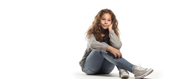 Photo dreamy teen girl reflects on possibilities in a white studio