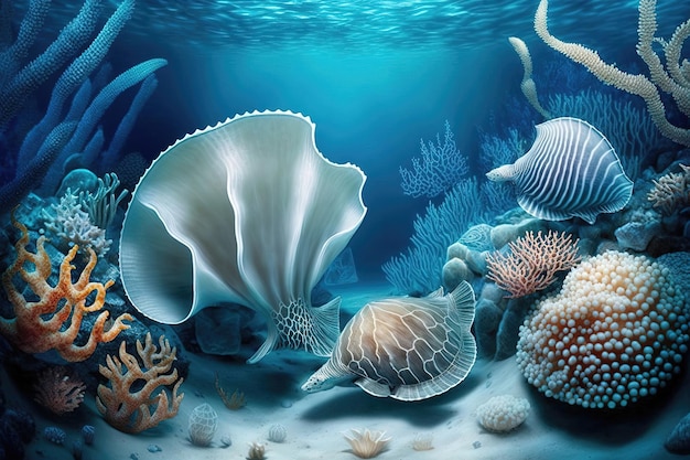 A dreamy underwater landscape comes to life in this background featuring an array of beautiful and unique seashells Generated by AI