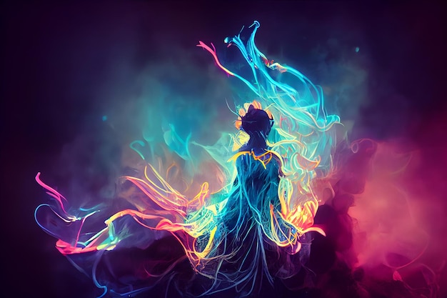 Dreamy unrecognizable woman silhouette with colorful neon fumes neural network generated art