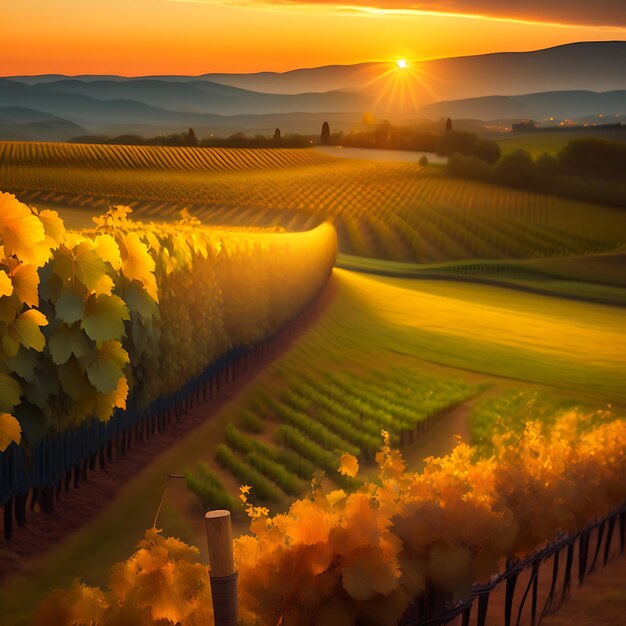 Dreamy vineyard at sunset Golden hour grapes on the vine growing on a farm Beautiful landscape