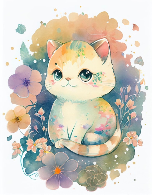 Dreamy watercolor cute happy chibi cat with flowery fairytale background soft pastel colors generat ai