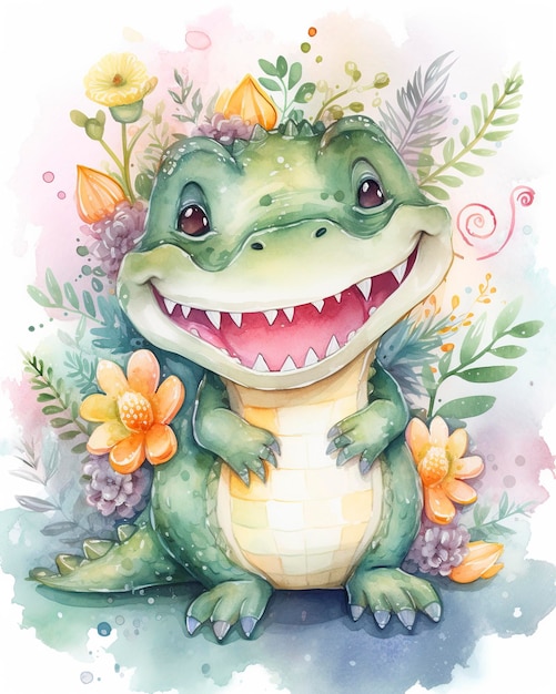 Dreamy watercolor cute happy chibi crocodile with flowery fairytale background generat ai