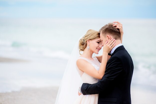 Dreamy wedding couple hug each other tender on the beach 