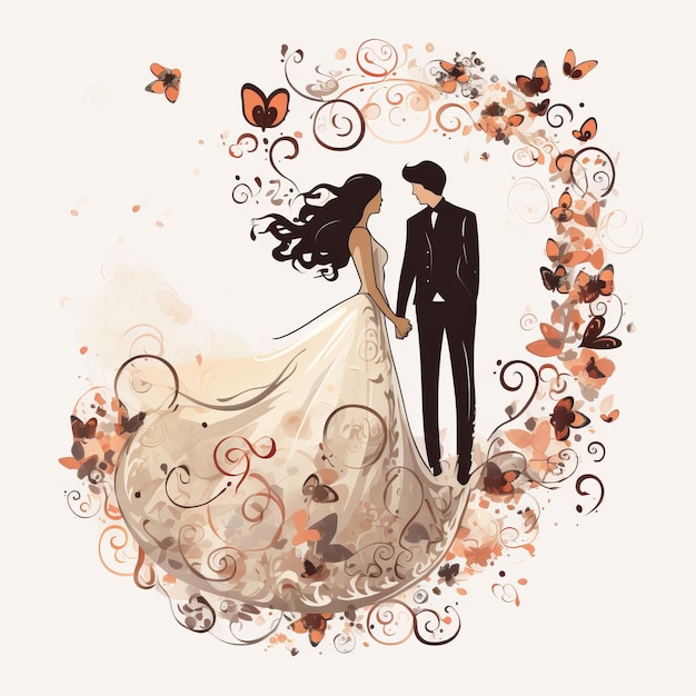 Foto illustrazione di un matrimonio da sogno con la sposa, lo sposo e le farfalle