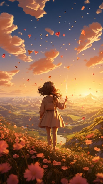 활짝 핀 꽃으로 뒤덮인 산비탈에서 연을 날리는 소녀의 몽환적이고 기발한 장면