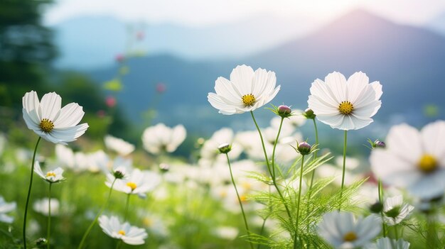 Dreamy White Cosmos Flowers With Majestic Mountains And Sun