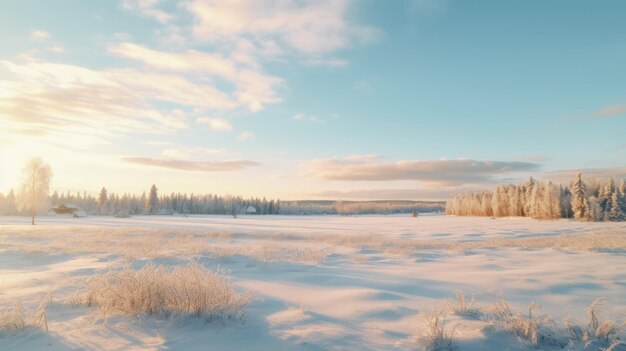 Photo dreamy winter landscape scenic field covered in snow with sunrise