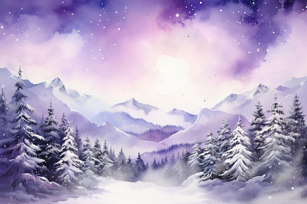 Dreamy winter wonderland with snowkissed purple peaks