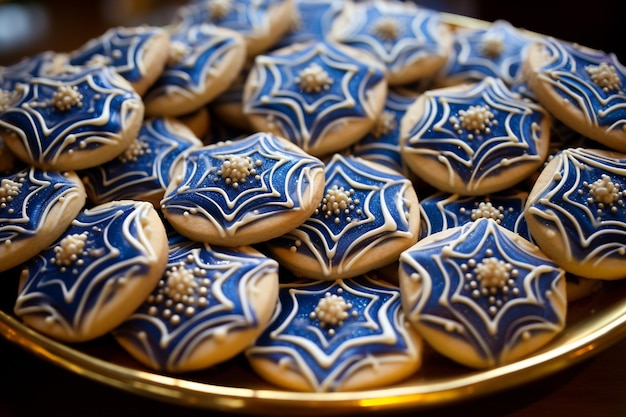 Dreidel cookies arranged in a festive pattern