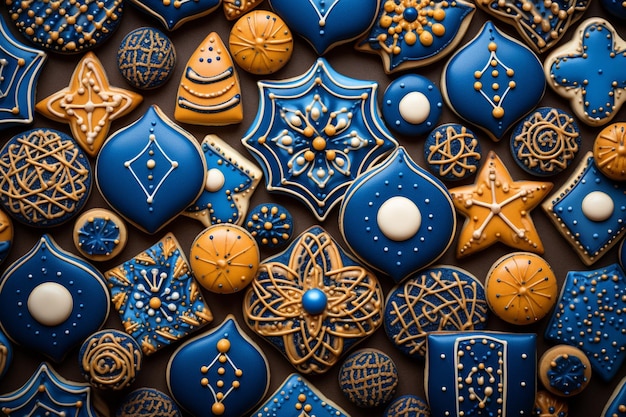 Dreidel cookies arranged in a festive pattern