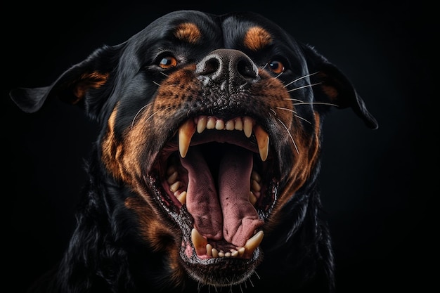 Dreigende Rottweiler boos open mond op een zwarte achtergrond generatief door Ai