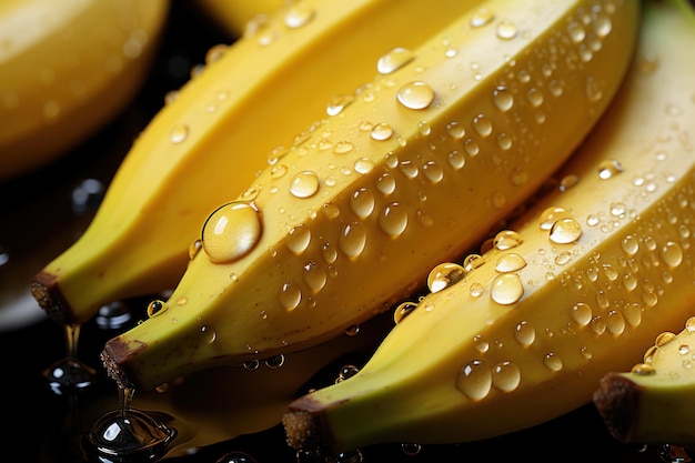 Drenched Delights Wet Bananas on Black Background Generative AI