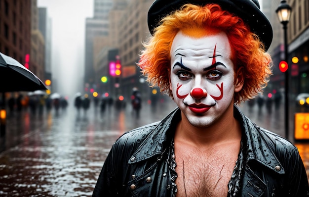 Drenched man in the image of a clown in the rain in metropolis center Generative AI