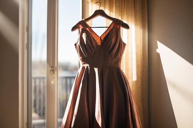 A dress hanging on a wall with the sun shining on it