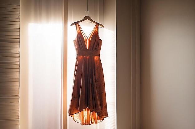 A dress hanging on a wall with the sun shining on it