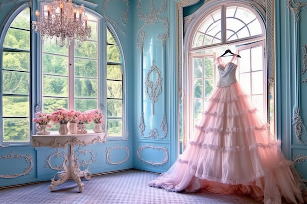 A dress hangs in a room with a chandelier and chandelier.