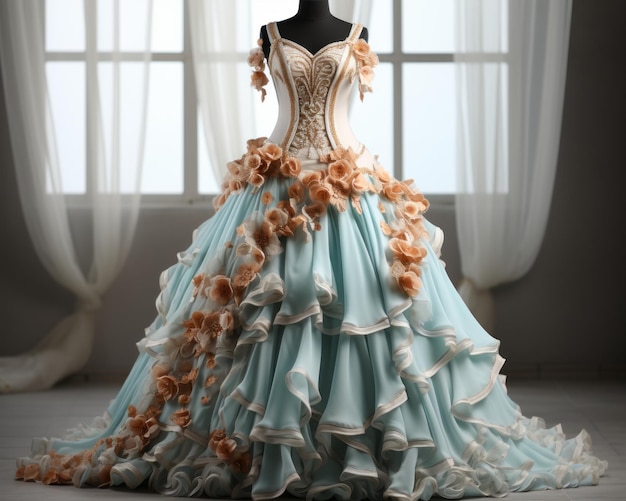 the dress is made out of blue and orange ruffles