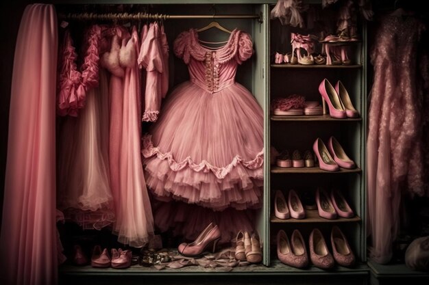 A dress is on a shelf with other shoes and shoes.